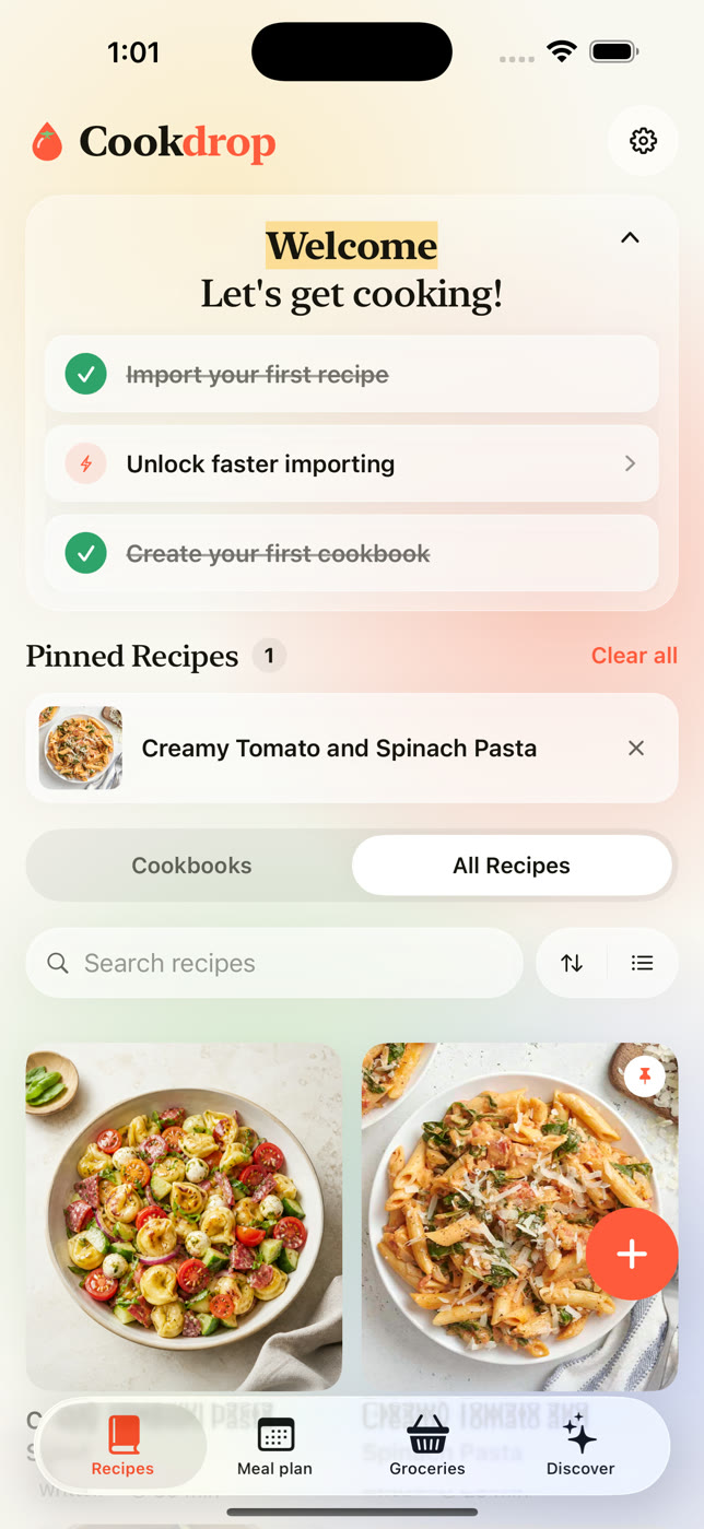 CookDrop home screen with a cookbook of saved recipes
