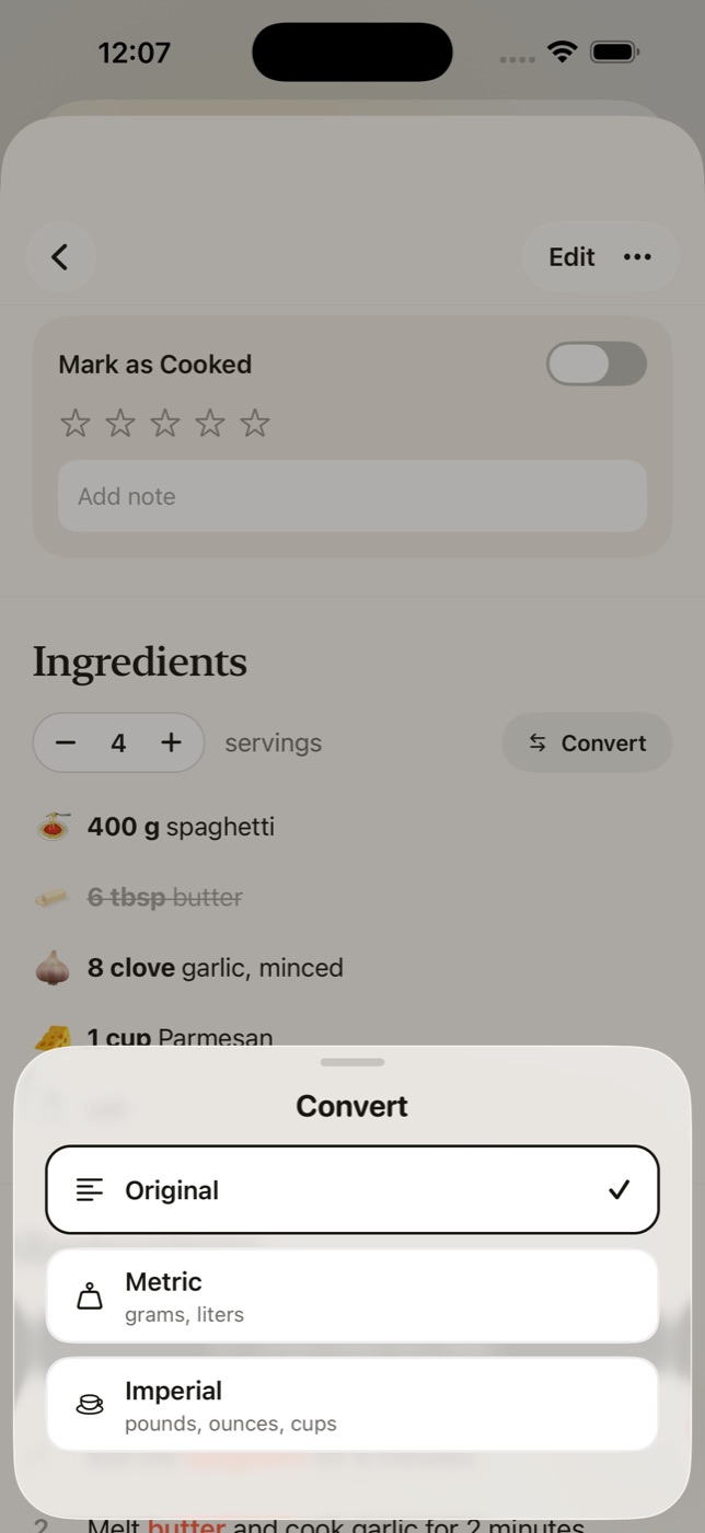 Ingredient list scaled to 4 servings with a unit conversion menu
